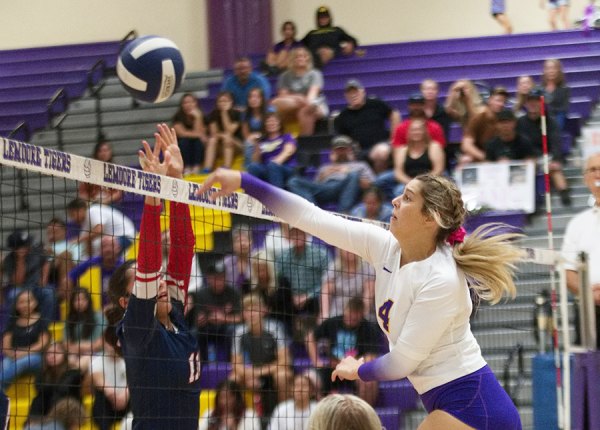 Lemoore's Jaylee Souza  goes for the kill in Tuesday's match against Tulare Western in the Event Center.